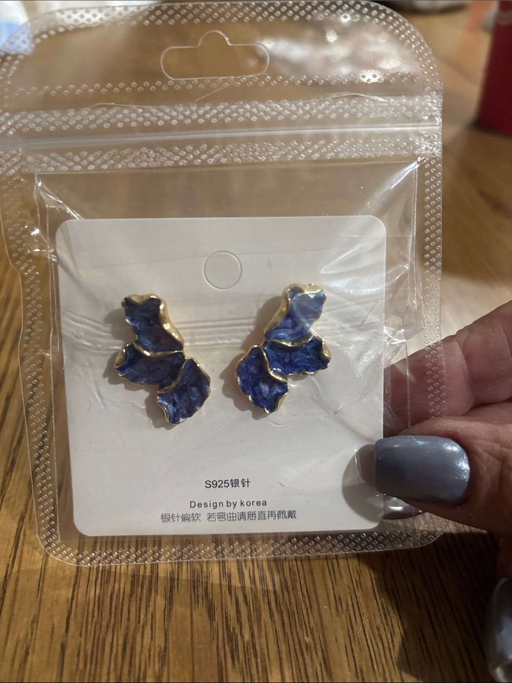 Gold-Edged Blue Enamel Floral Stud Earrings